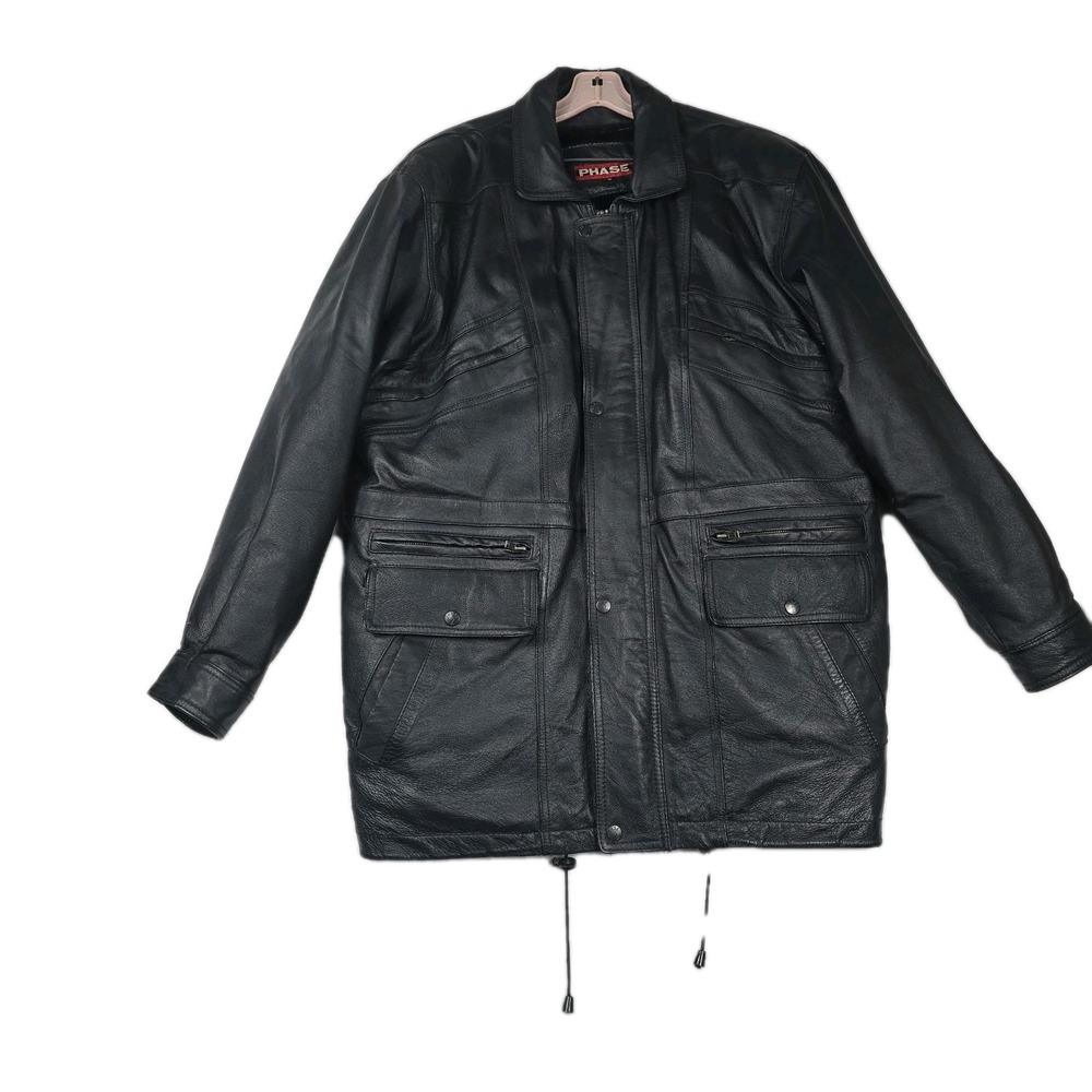 Vintage Phase Two 2 Leather Jacket Black Men's Size Medium‎ Button Full Zip